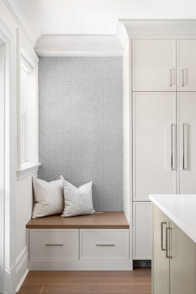 wallpapered reading nook in kitchen